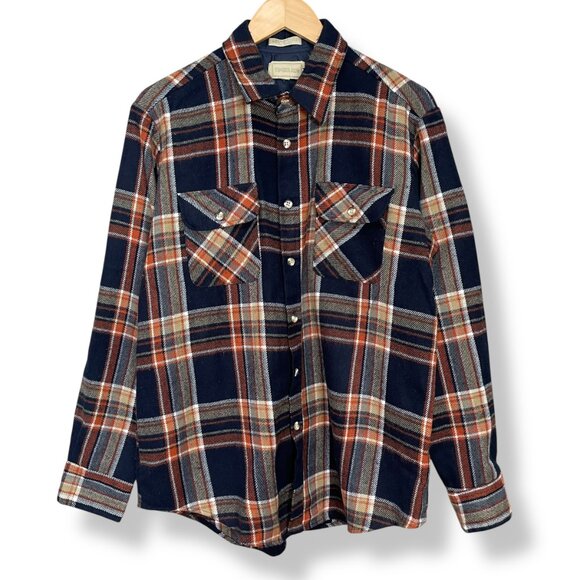 Vintage Plaid Shirt Shacket Men Large Long Sleeve Pockets Acrylic Button-Up Navy - Picture 1 of 14